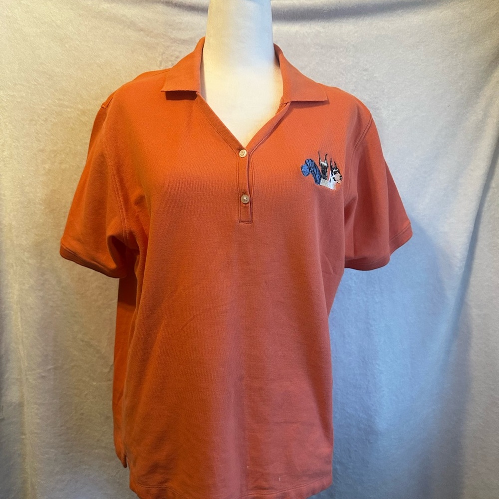 #1198 Great Dane Embroidered Detail Orange Polo Shirt  
Size XL in Womens